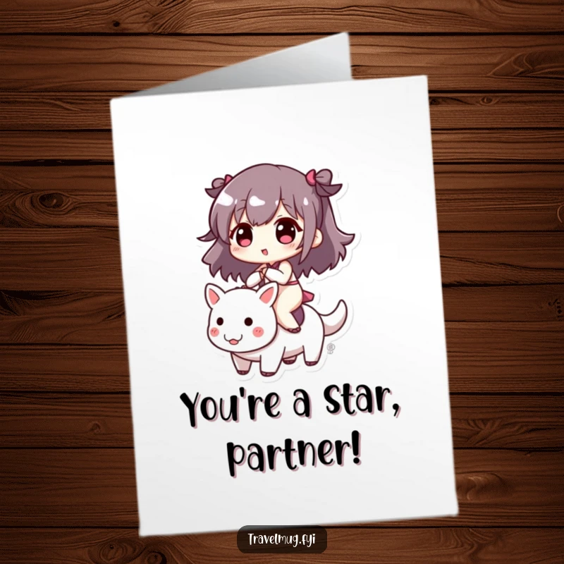 Funny Free Printable Congratulations Card: Cute character celebrates an achievement riding a playful creature, pure joy.