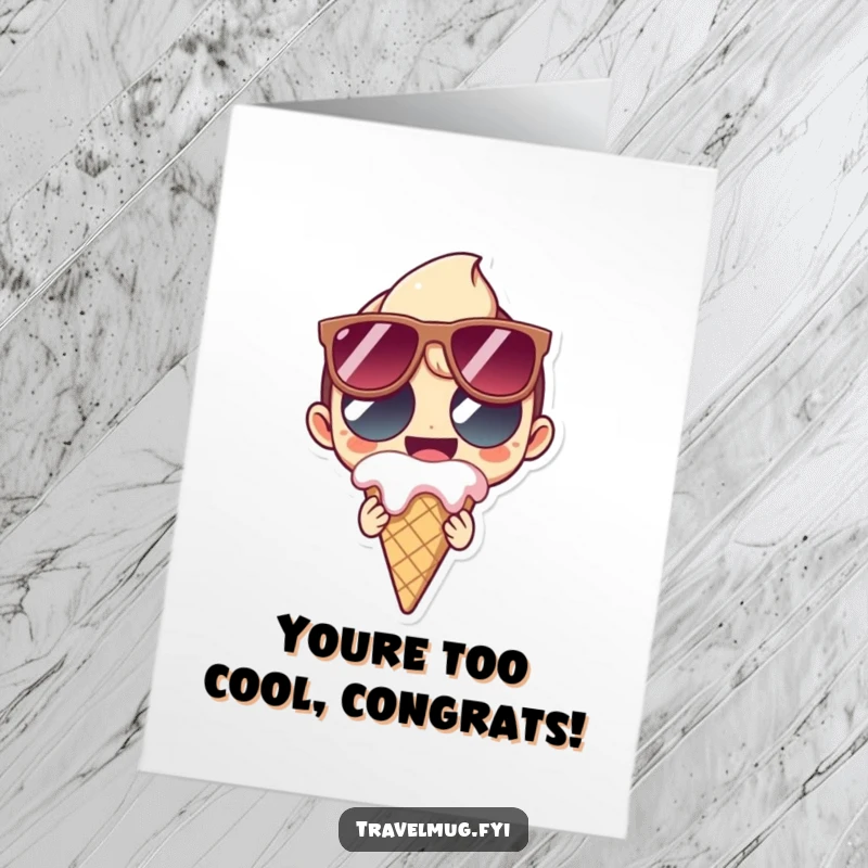 Funny Free Printable Congratulations Card: Character with sunglasses grins holding a melting ice cream cone.