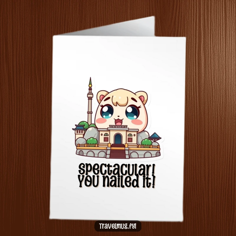 Funny free printable congratulations card: A Kawaii character's eyes wide with amazement looking at a famous landmark.