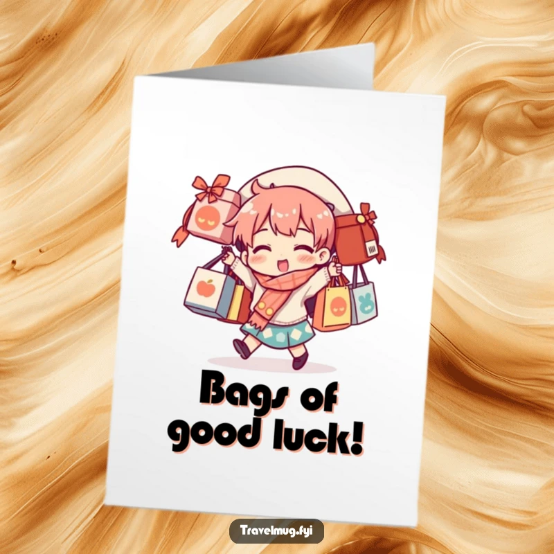 Funny Free Printable Congratulations Card showing a character triumphantly balancing countless souvenir bags, a symbol of achievement.