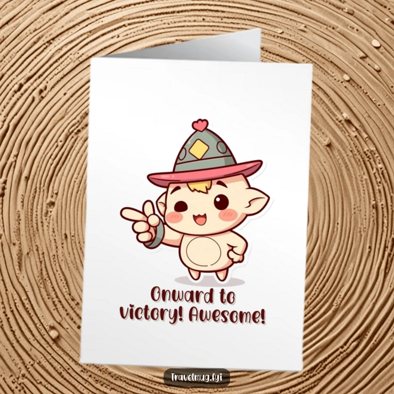 Funny Free Printable Congrats Card: Character in a jaunty hat enthusiastically pointing forward, celebrating progress.
