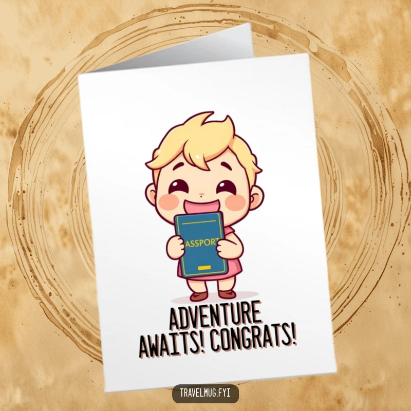 Funny Free Printable Congratulations Card: Thrilled kawaii character clutching a passport, beaming with excitement for travel.