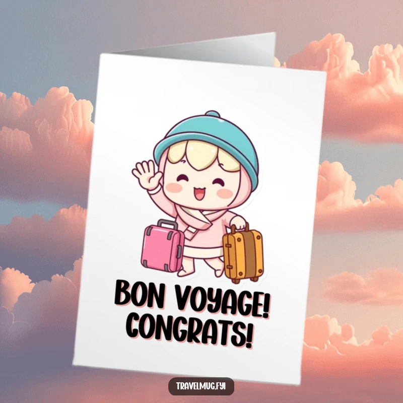 Funny Free Printable Congratulations Card: Happy kawaii character waving enthusiastically goodbye, ready for a trip with a suitcase.