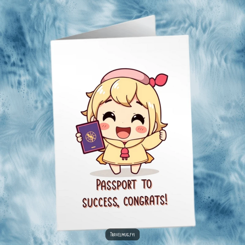 Funny Free Printable Congrats Card: Character joyfully clutches a passport, celebrating a successful journey and new beginnings.