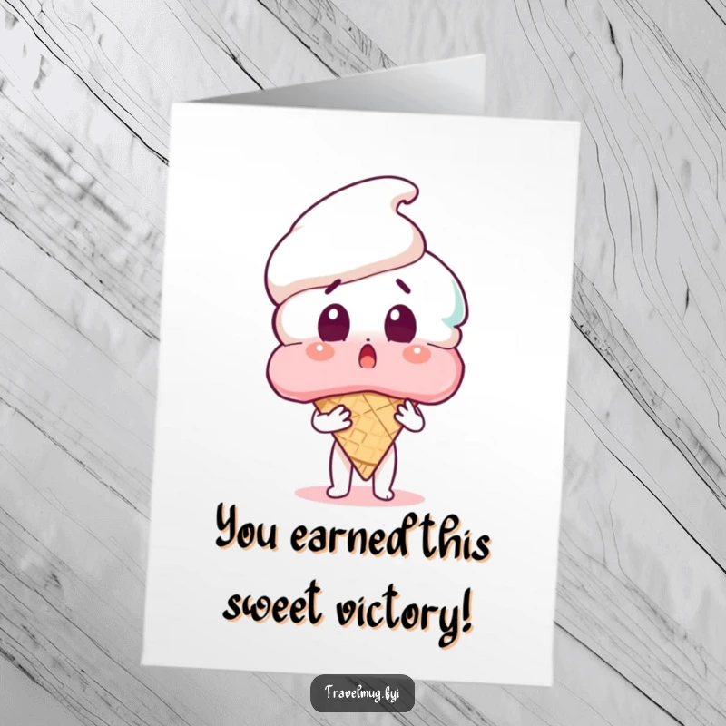 Funny Free Printable Congratulations Card: Amazed character holding a colossal ice cream cone, ideal for a DIY gift.
