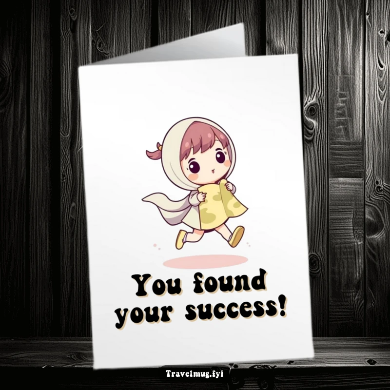 Funny free printable congratulations card of a cute character skipping with a map, symbolizing a joyful journey, a humorous downloadable art.