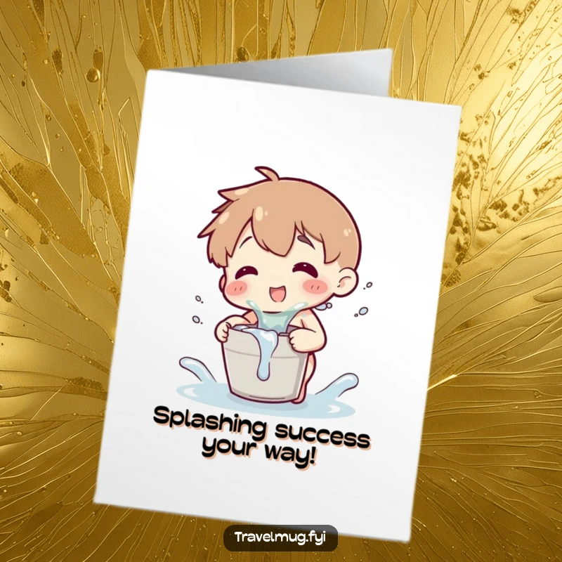 Funny Free Printable Congrats Card: Character playfully splashes water, celebrating a successful milestone with joy.