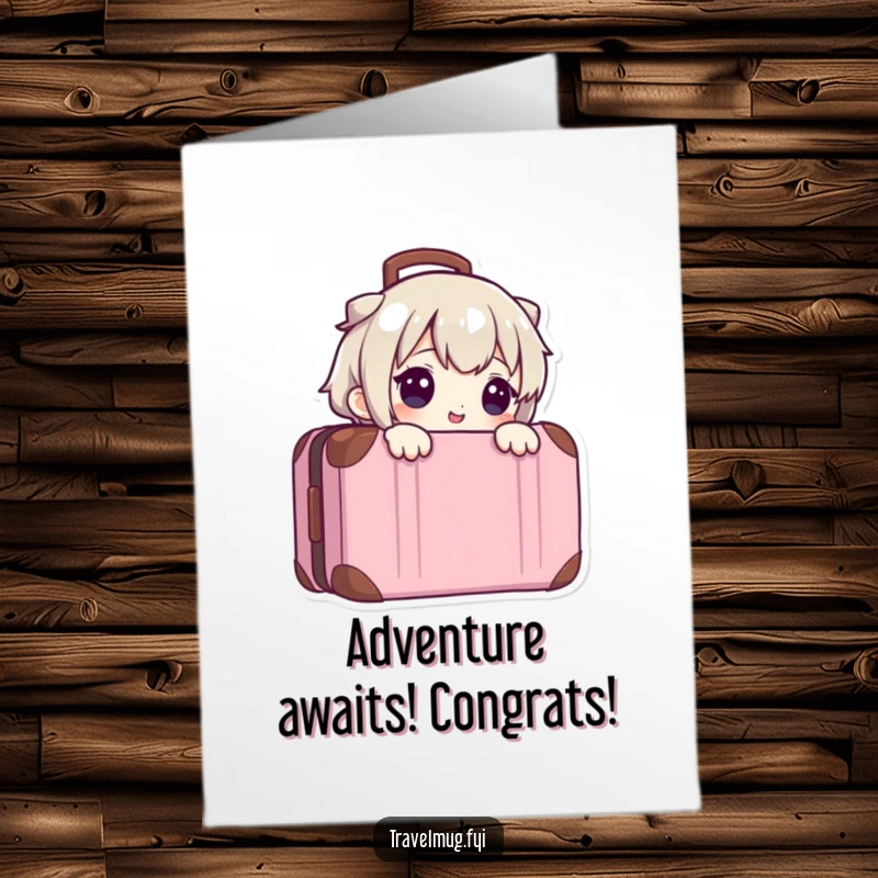 Funny free printable congratulations card with a cute character peeking from behind a suitcase, symbolizing new adventures, a humorous downloadable art.