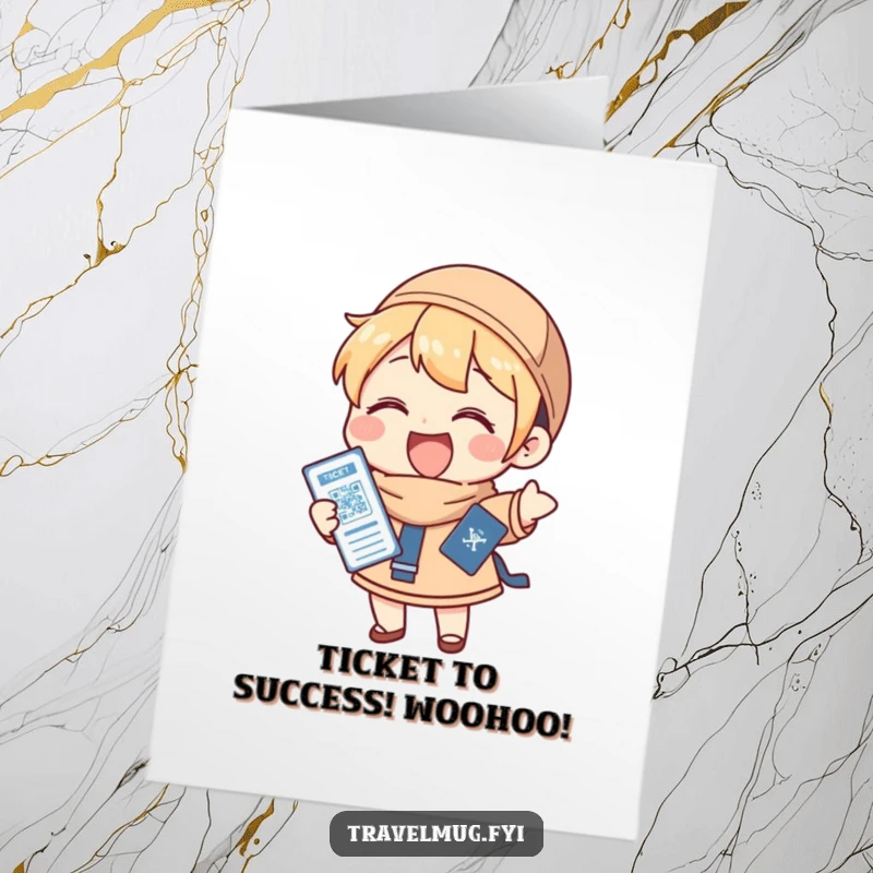 Funny Free Printable Congrats Card: Character gleefully holding a passport and ticket, celebrating new adventures.