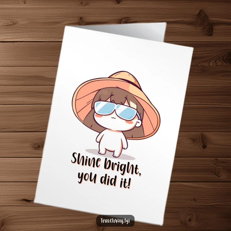 Funny free printable congratulations card showing a character wearing a large sun hat, beaming with celebratory cheer.