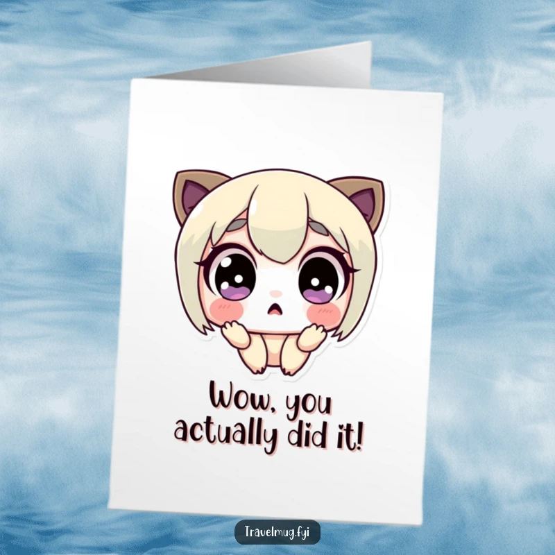 Funny free printable congratulations card depicting a cute character with wide, surprised eyes, celebrating an achievement with comical astonishment, a great downloadable art.