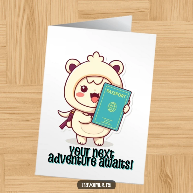 Funny Free Printable Congrats Card: Kawaii character holding a passport, expressing excitement for new travel experiences.