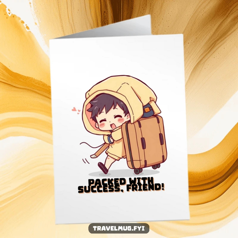 Funny Free Printable Congrats Card: Character barely contains belongings from an exploding suitcase.