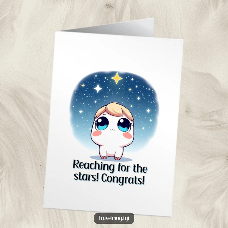 Funny Free Printable Congrats Card: Character with wide eyes looking up at a star-filled sky, dreaming big.