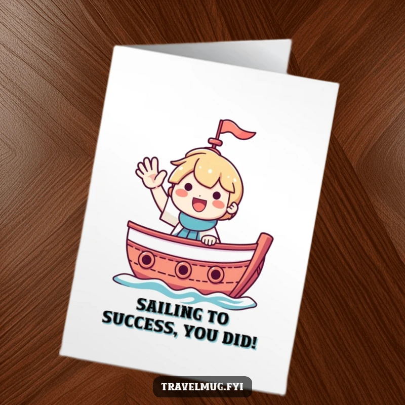 Funny Free Printable Congratulations Card showing a character happily waving from a boat, celebrating success.