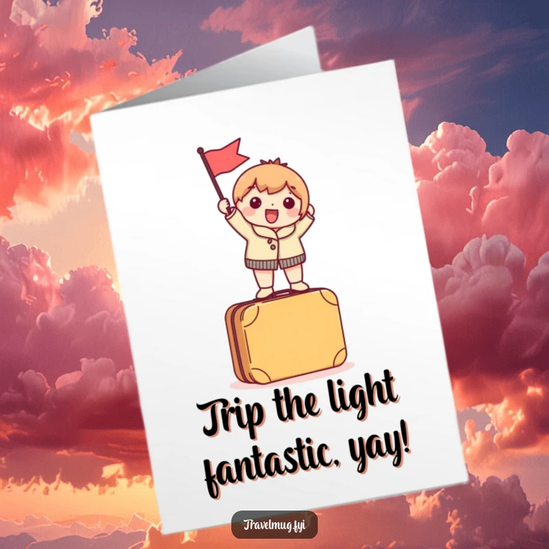 Funny Free Printable Congratulations Card: Character excitedly waves a tiny flag standing atop a suitcase.