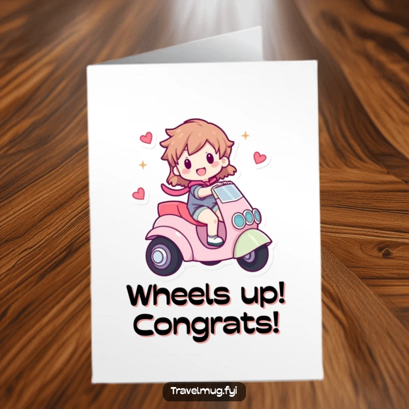 Funny Free Printable Congratulations Card: Character happily riding a quirky, small, whimsical vehicle. A super fun DIY gift.