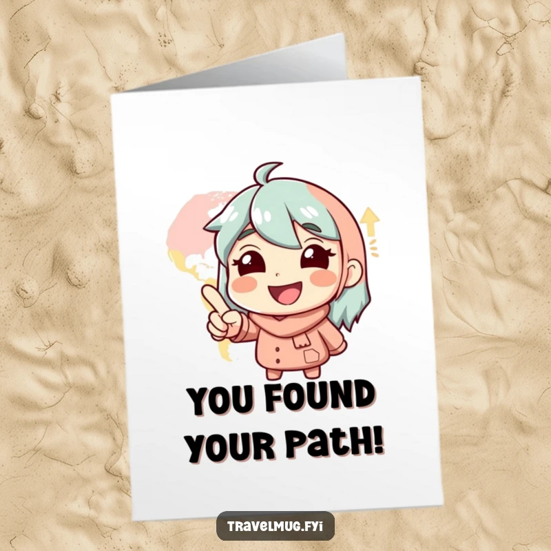 Funny Free Printable Congratulations Card: Smiling character pointing at a map with glee, celebrating a new journey. Downloadable DIY gift.