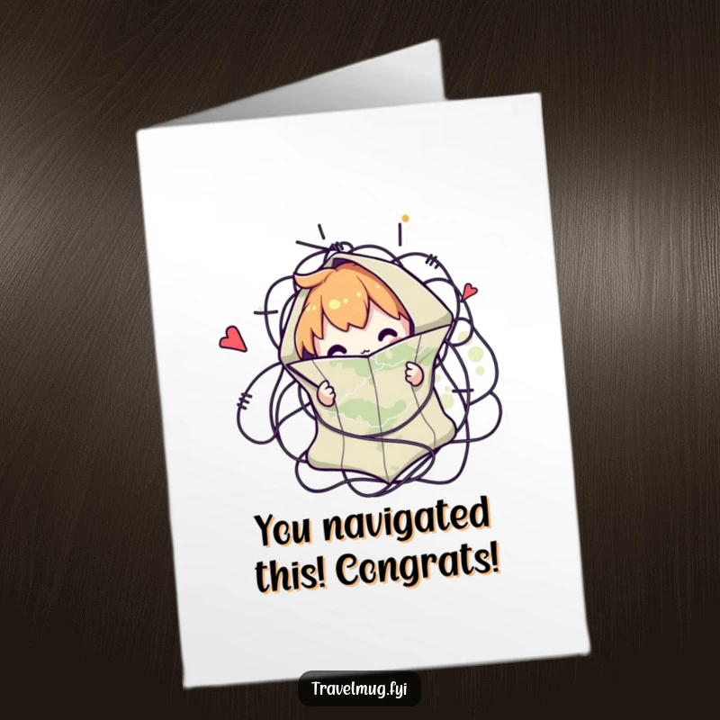 Funny Free Printable Congratulations Card showing a character triumphantly emerging from a map they were tangled in. Celebrate finding success.