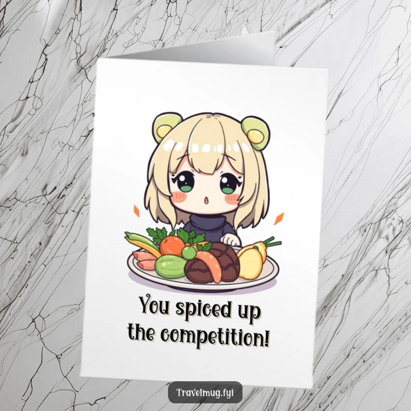 Funny Free Printable Congrats Card: Character surprised by exotic food, celebrating adventurous achievements.