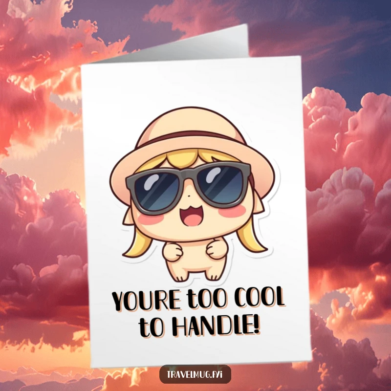 Funny Free Printable Congrats Card: Kawaii character wearing sunglasses and a hat, radiating excitement and joy.