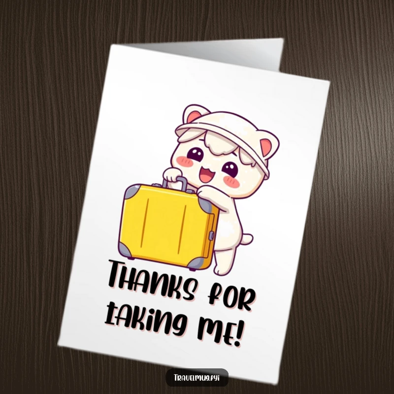 Funny Free Printable Thank You Card: Kawaii character gleefully pointing at a suitcase, expressing thanks for a trip or journey.