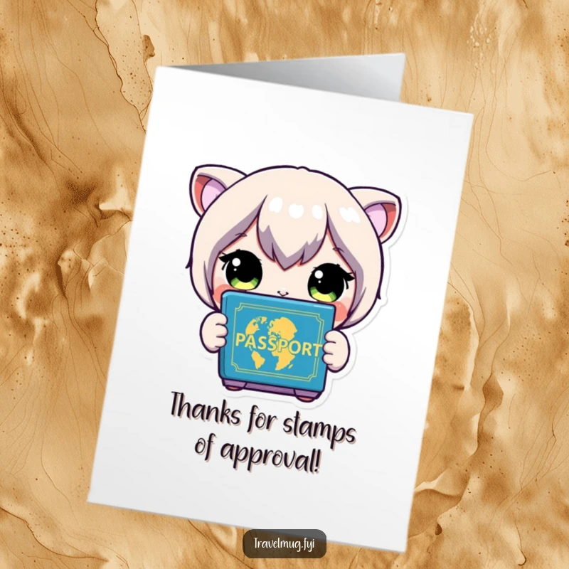 Funny Free Printable Thank You Card: Character with wide eyes looking at a colorful passport, grateful for the experience. Downloadable DIY gift.