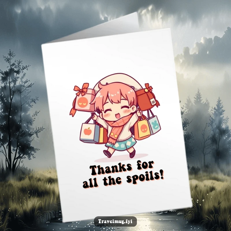 Funny Free Printable Thank You Card depicting a character overloaded with souvenir bags, humorously expressing gratitude.