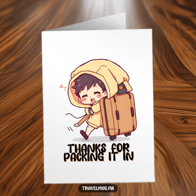 Funny Free Printable Thank You Card: Character looks defeated by a comically large, overflowing suitcase.