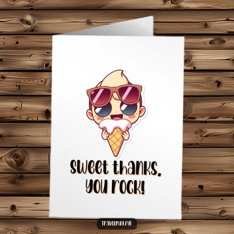 Funny Free Printable Thank You Card: Character in oversized sunglasses grins holding a melting ice cream cone.