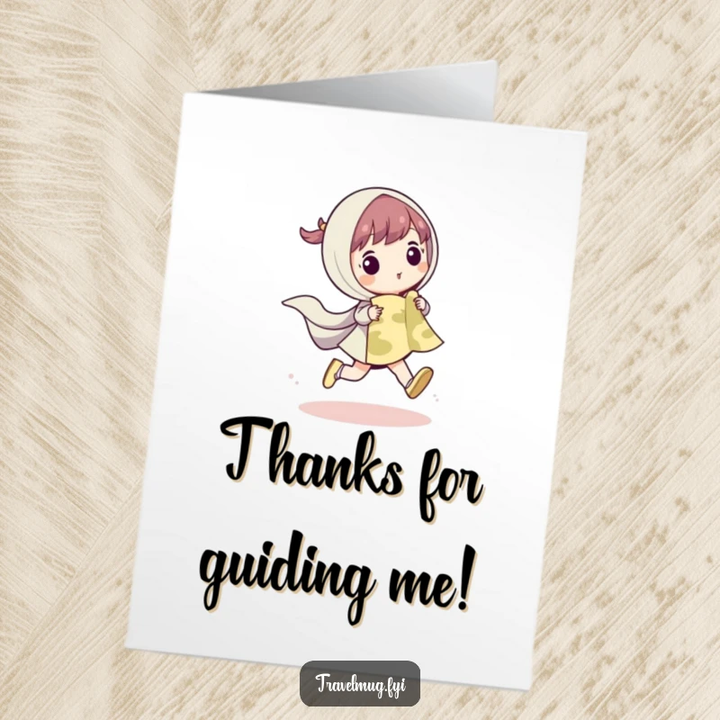 Funny free printable thank you card with a cute character playfully skipping holding a map, conveying gratitude for a journey, downloadable art.