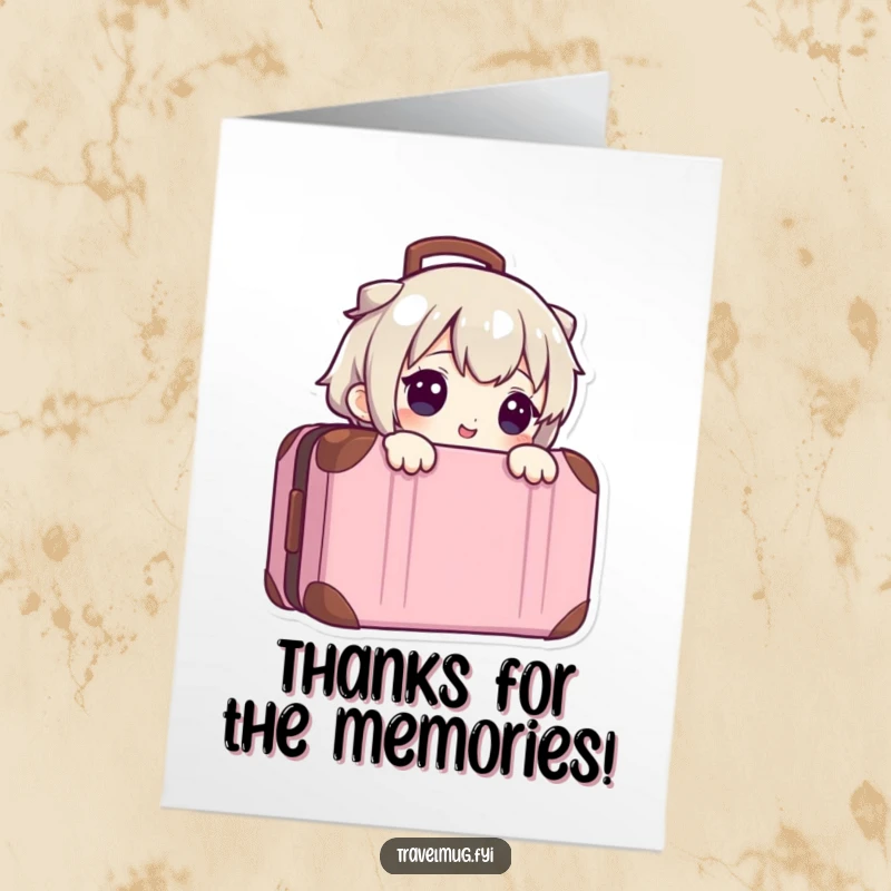 Funny free printable thank you card of a cute character peeking from behind a suitcase, conveying a playful and mysterious thank you, downloadable art.