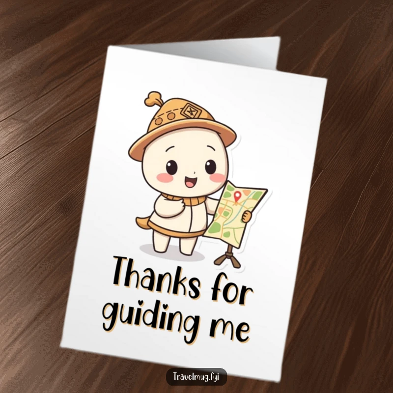 Funny Free Printable Thank You Card: Character with a funny hat points at a map with silly destinations.