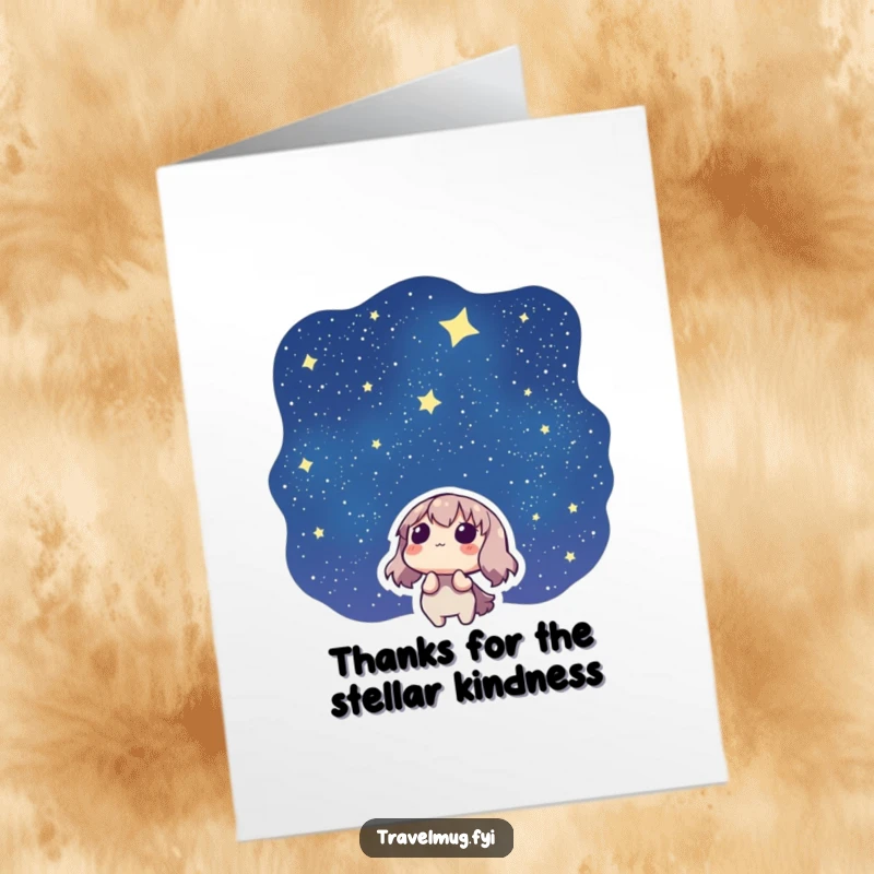 Funny Free Printable Thank You Card: Character looks up at a starry night sky, full of wonder and thanks.