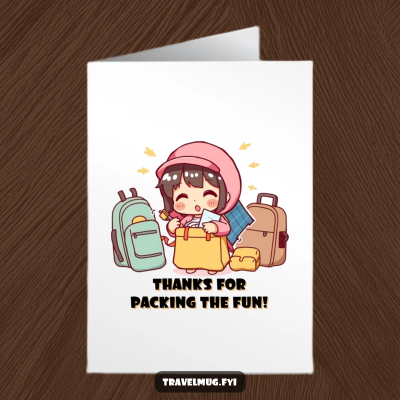 Funny Free Printable Thank You Card with a character comically trying to cram excessive items into a minuscule bag. Gratitude for their immense efforts.