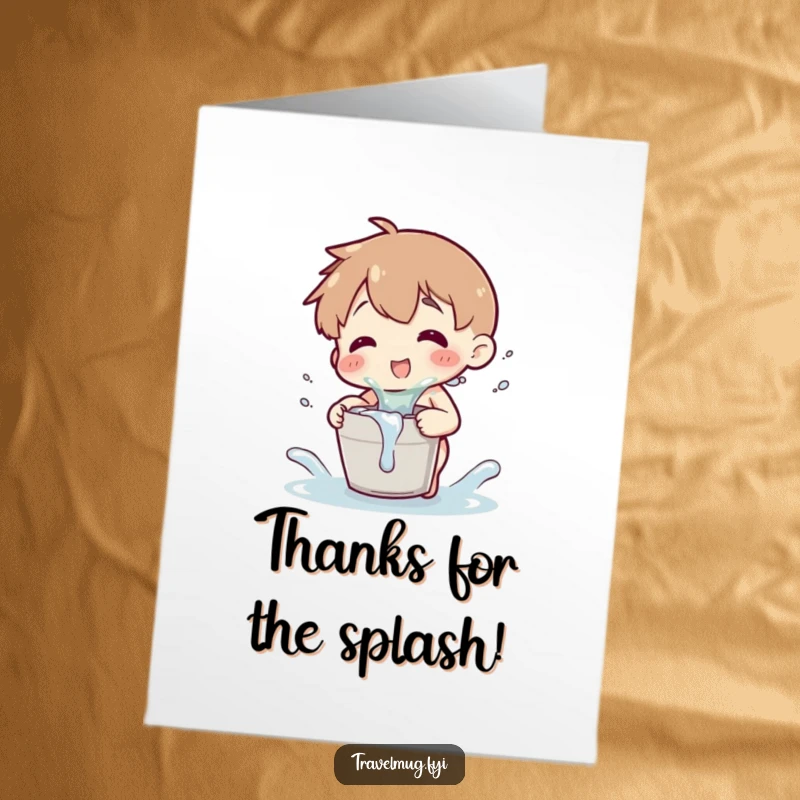 Funny Free Printable Thank You Card: Character playfully splashes water from a bucket, a fun way to say thanks.