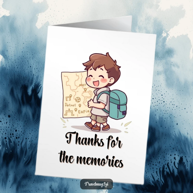 Funny Free Printable Thank You Card: Character with backpack joyfully looking at a giant map, appreciating their direction.