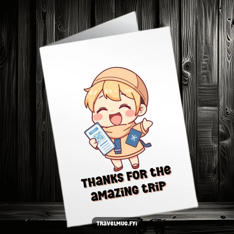 Funny Free Printable Thank You Card: Character gleefully holding a passport and ticket, thanking them for the trip.