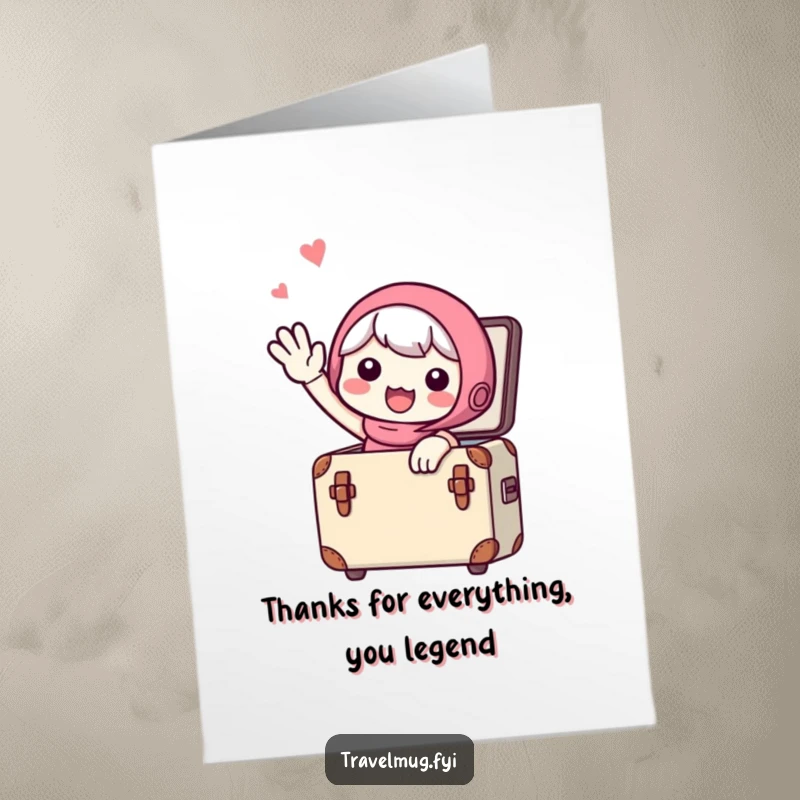 Funny Free Printable Thank You Card: Cute character waving goodbye from a suitcase, expressing thanks with a smile.