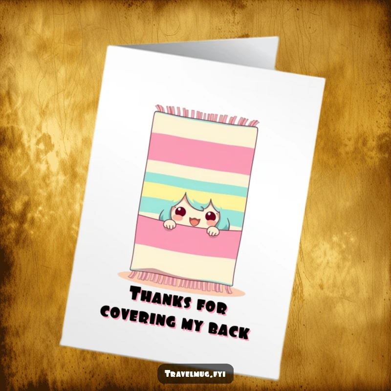 Funny free printable thank you card of a character peeking from behind a beach towel, expressing gratitude with excitement.