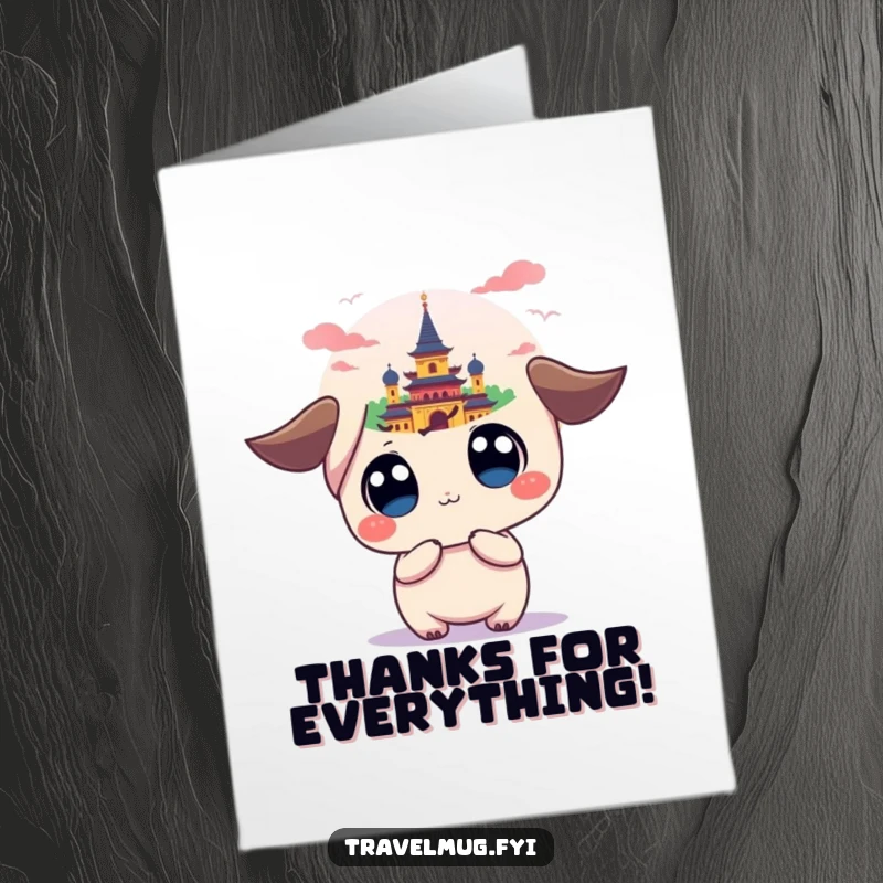 Funny Free Printable Thank You Card: Kawaii character looks back gratefully from a colorful landmark, thankful for the journey.