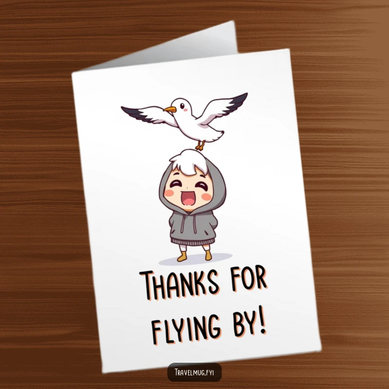 Funny free printable thank you card featuring a character looking surprised by a flying, smiling seagull, a whimsical way to show appreciation.