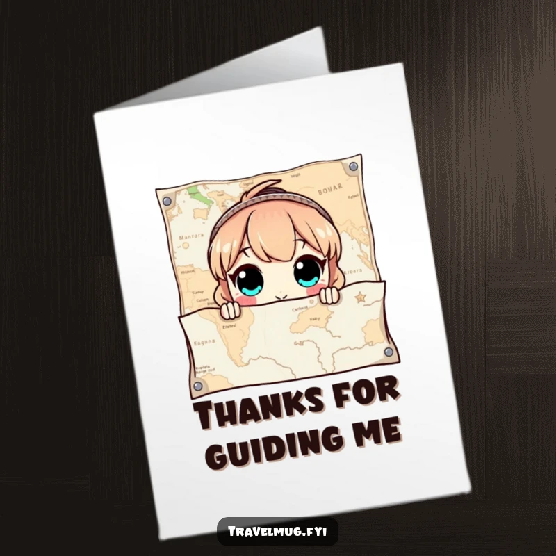 Funny Free Printable Thank You Card: Character with wide eyes peeks out from behind a giant map.