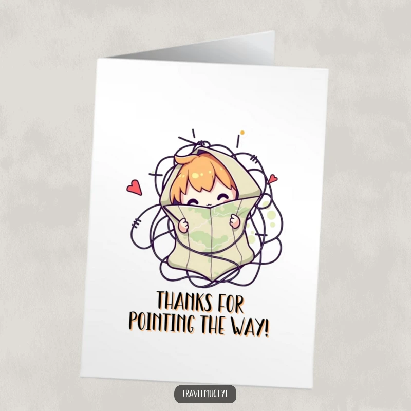 Funny Free Printable Thank You Card of a character smiling while still slightly tangled in a map, looking grateful. Humorous guidance appreciation.