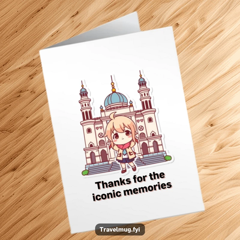 Funny Free Printable Thank You Card: Character poses playfully at a landmark, offering hilarious thanks.