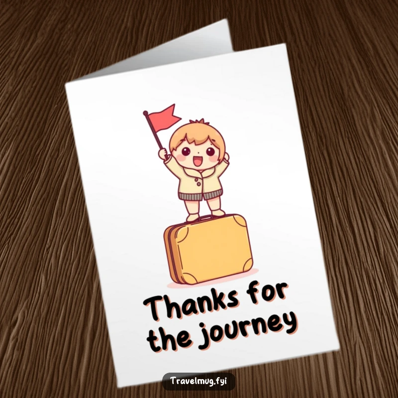 Funny Free Printable Thank You Card: Character excitedly waves a tiny flag while standing on a suitcase.