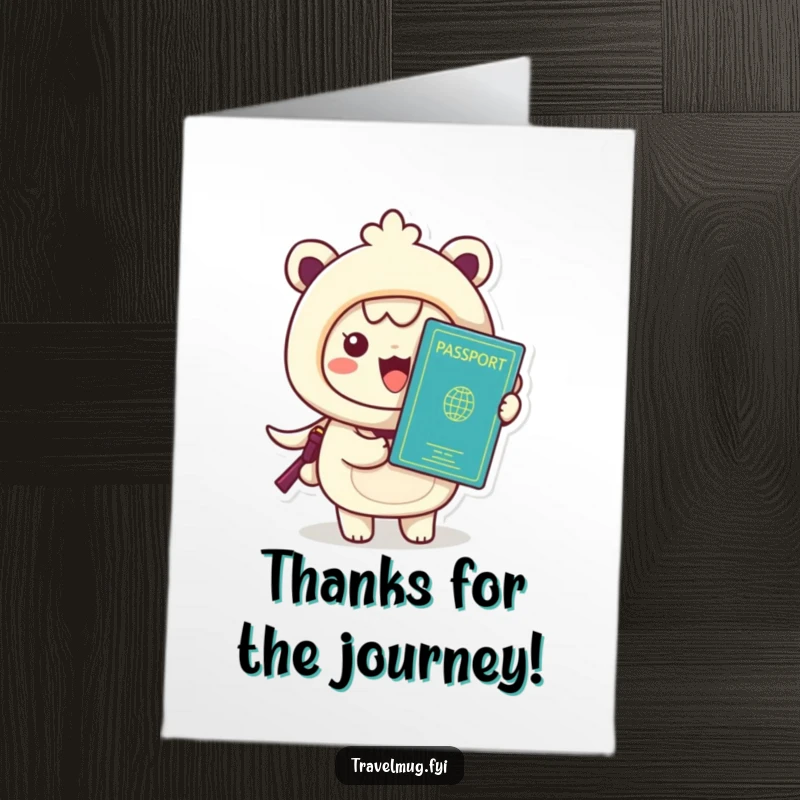 Funny Free Printable Thank You Card: Kawaii character excitedly holding a passport, perfect for thanking someone for travel.