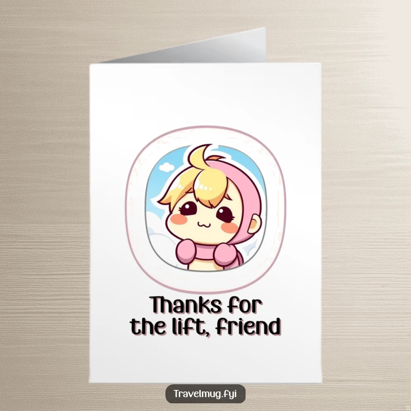 Funny Free Printable Thank You Card: Whimsical kawaii character making a comical face from inside an airplane.