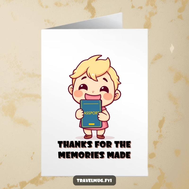 Funny Free Printable Thank You Card: Joyful kawaii character proudly holding a passport, wearing a huge smile.