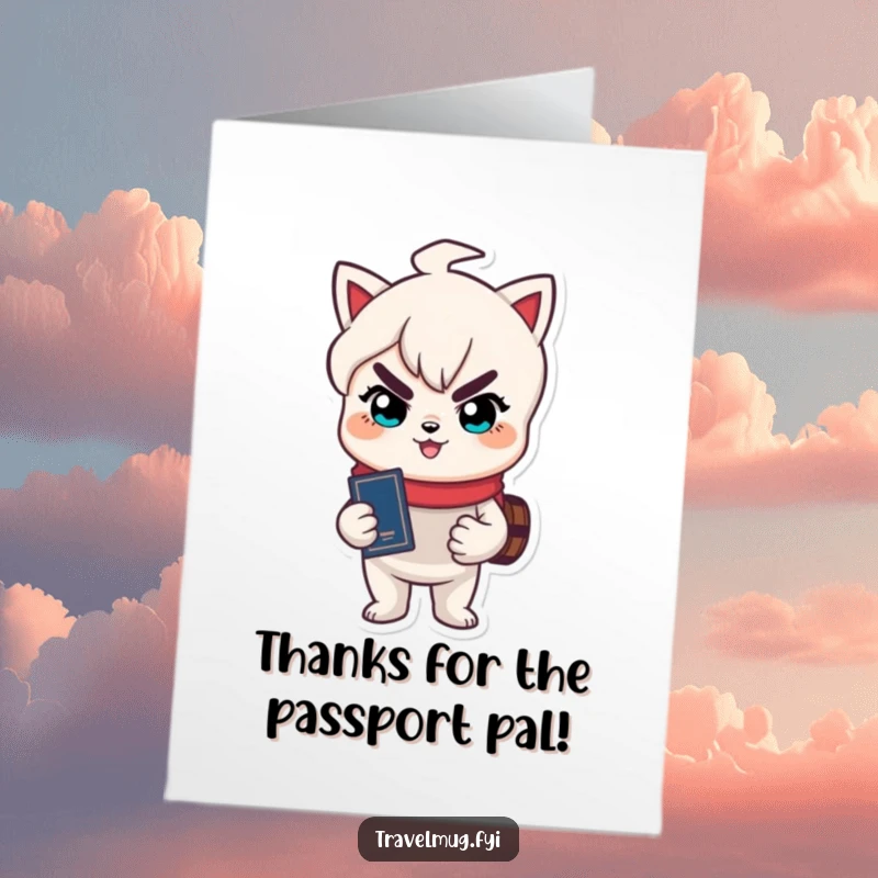 Funny Free Printable Thank You Card: Character with passport and cheeky grin, expressing thanks for a trip.